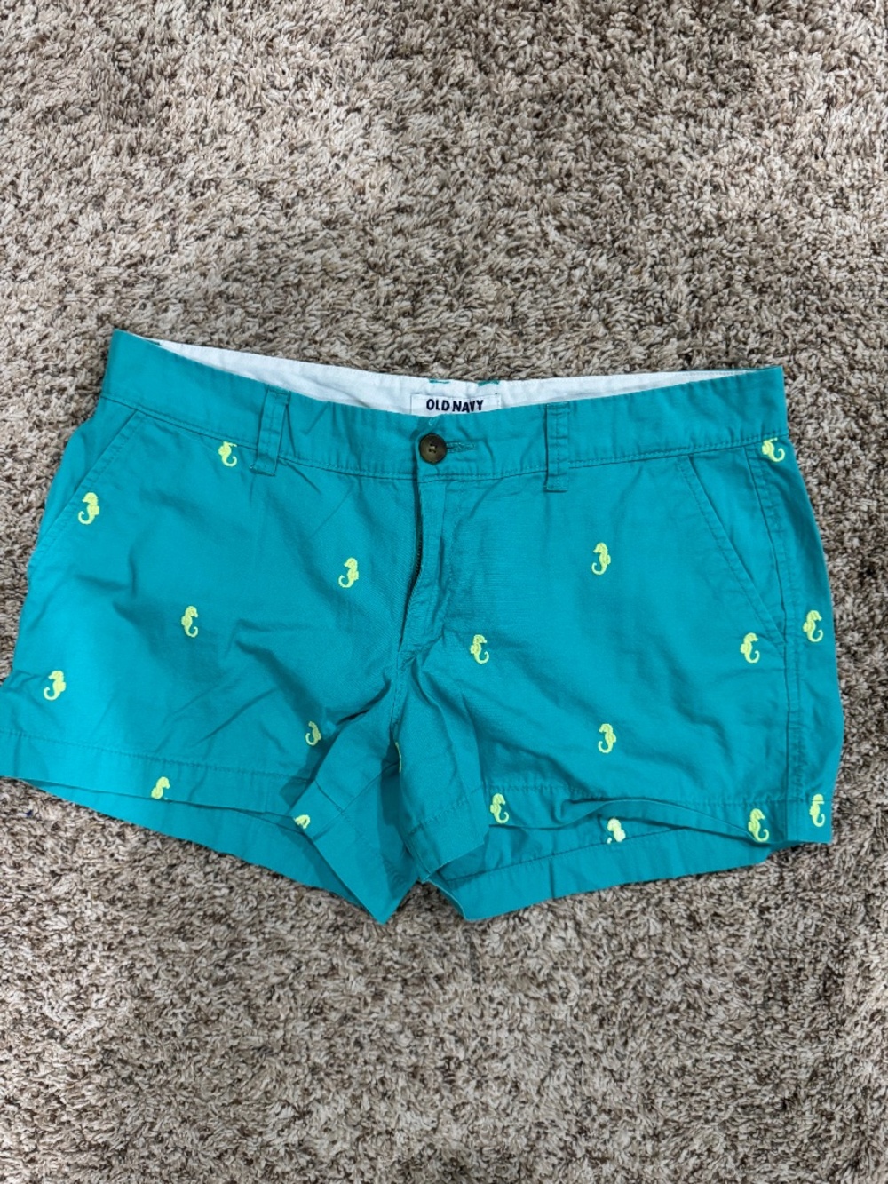 Old Navy women's shorts in dark aqua with embroidered yellow sea horses size 8